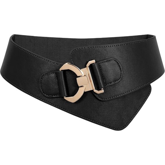 Women's Wide Elastic Stretch Waist Belt Adjustable Dress Belt Matte Black Gold - Picture 1 of 7